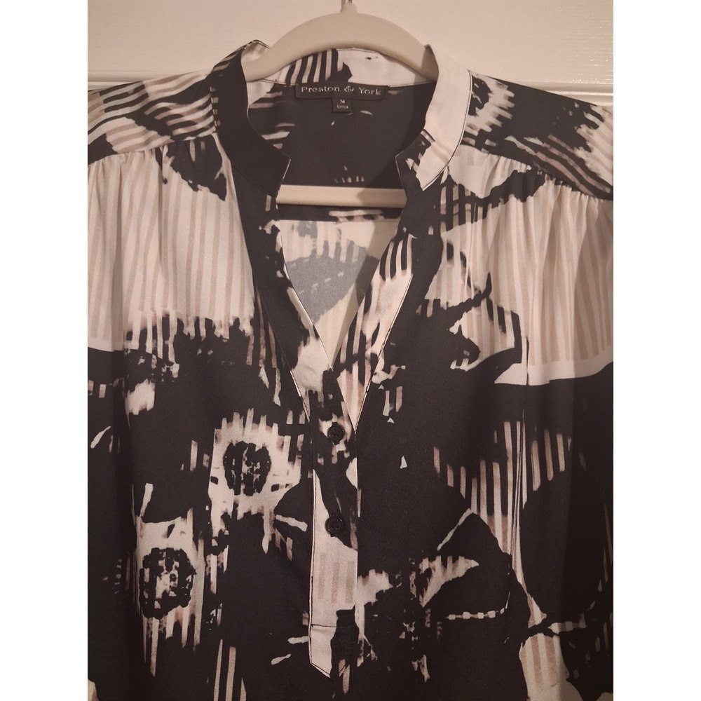 Preston & York Womens M Black White Abstract Geometric Floral Button Blouse - Picture 5 of 12